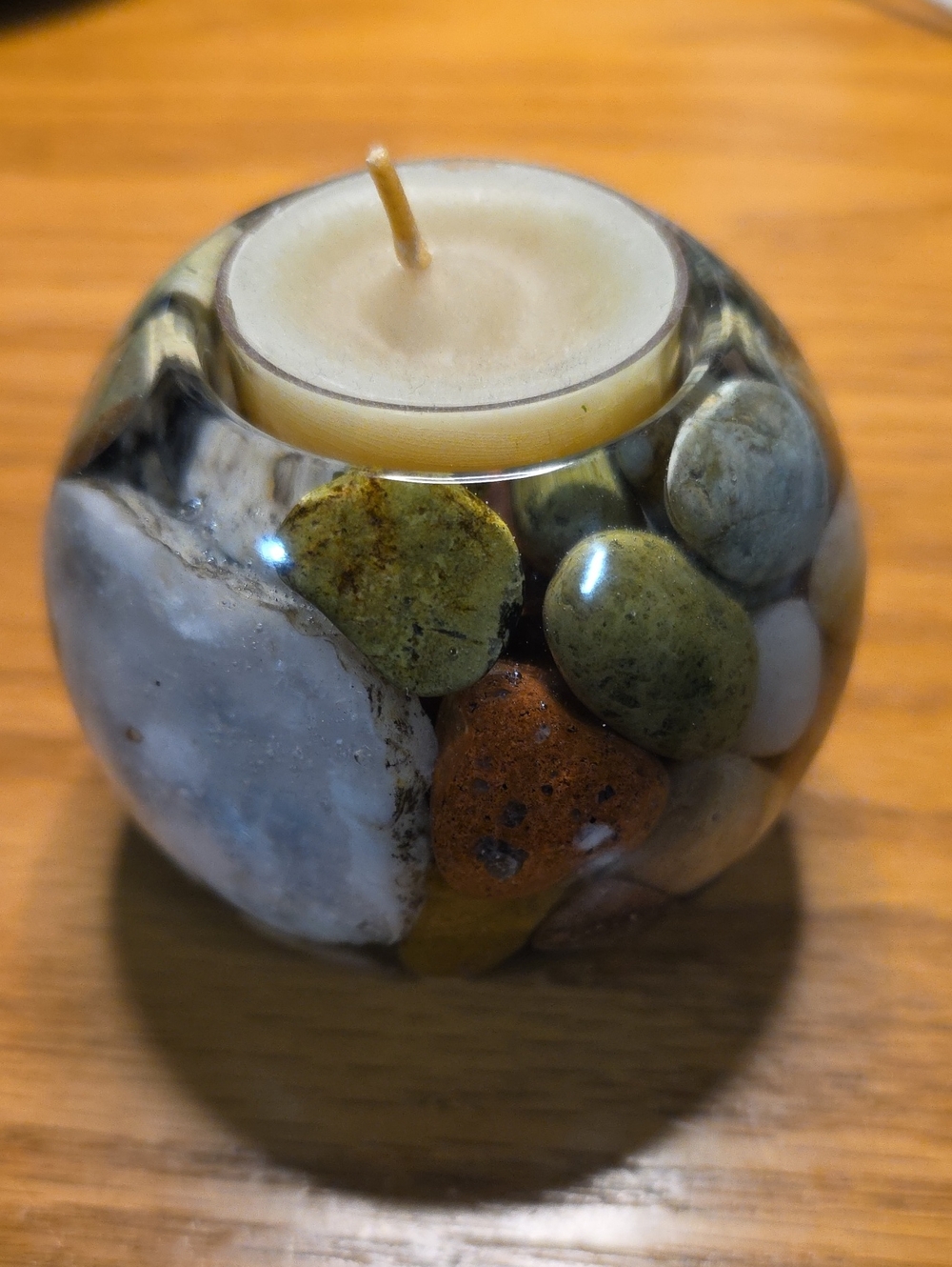 Handmade Polished Stone Tealight Candle Holder - Multicolor
